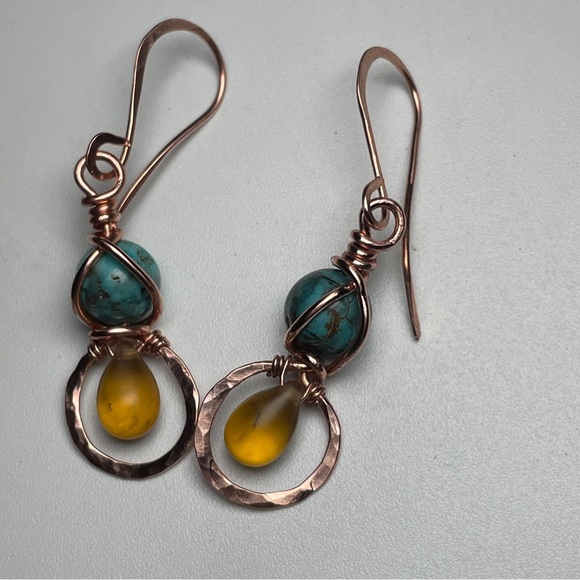 Artisan Copper and Wrapped Turquoise Dangle Earrings - Picture 7 of 9